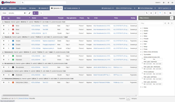 serwis realizacje w optimasales crm