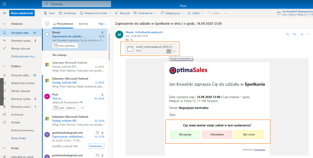 Zaproszenie na wydarzenie MS Outlook