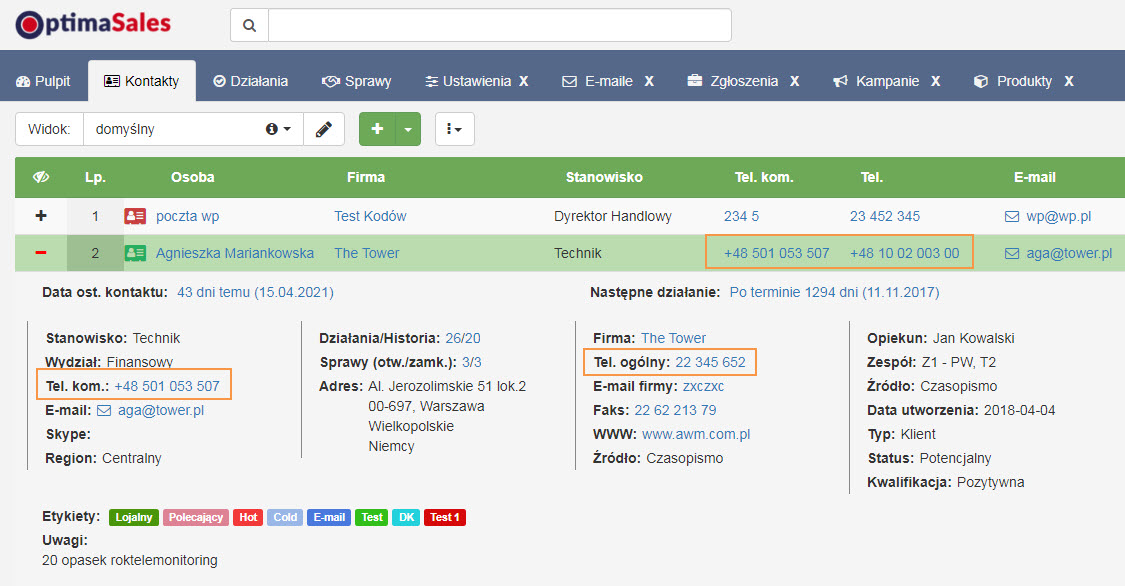przekazywanie nr tel na komorke z optimasales
