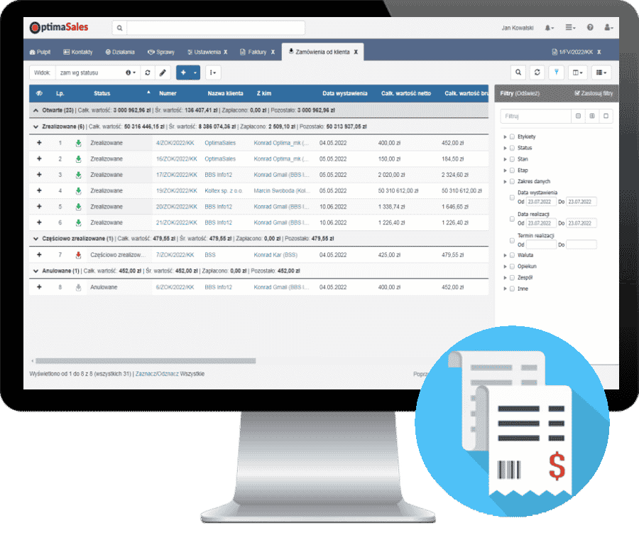 zamówienia i faktury w crm optimasales