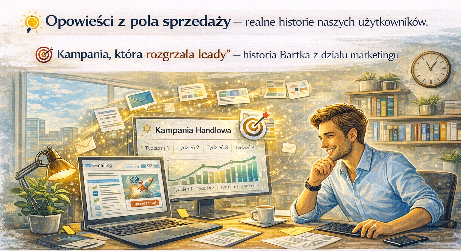 🎯 "Kampania, która rozgrzała leady" – historia Bartka z działu marketingu 🟢 Tło: Sezon ogórkowy. Sprzedaż spada. Bartek odpala kampanię z poziomu CRM – targetowana, dopasowana, zaplanowana na 4 tygodnie. 🟡 Zwrot akcji: Po tygodniu leady zaczynają reagować. Handlowcy dostają alerty. CRM zbiera dane kampanii, analizuje wskaźniki. Pojawia się 5 nowych szans sprzedażowych. 🔴 Wniosek: Sprzedaż bez marketingu to strzały w ciemność. CRM pozwala celować precyzyjnie."